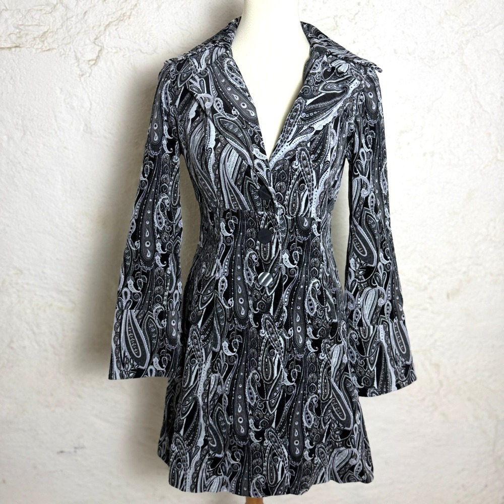 Vintage Bisou Bisou Paisley Velvet Coat Dress Womens S Bell Sleeve Y2K Goth Vamp